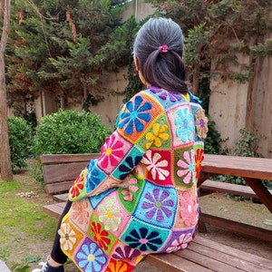 Women Crochet Boho Jacket, Handknit Granny Square Cardigan, Multicolor Patchwork Sweater, Long Afghan Coat, Granny Square Multicolor Sweater