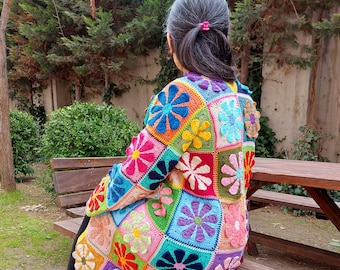 Women Crochet Boho Jacket, Handknit Granny Square Cardigan, Multicolor Patchwork Sweater, Long Afghan Coat, Granny Square Multicolor Sweater