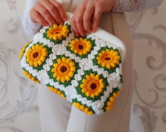 Handmade Sunflower Crochet Clutch Bag: Granny Square Purse, Gift for- her, Galentine's Day Gifts Bag