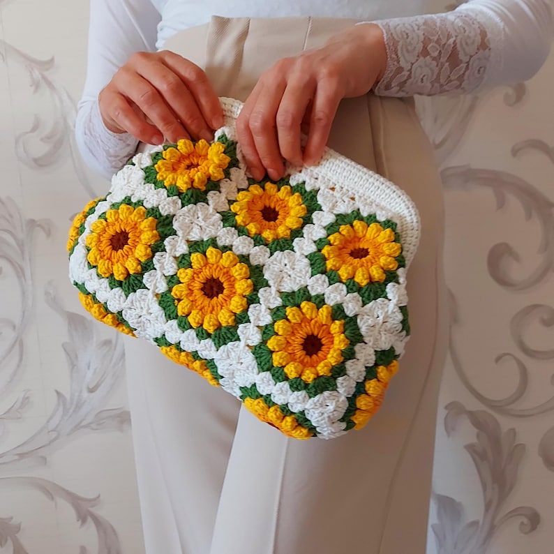 Handmade Sunflower Crochet Clutch Bag: Granny Square Purse, Gift for- her, Galentine's Day Gifts Bag image 1