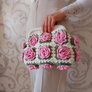 Crochet Rose Oma Square Tasche, Kiss Lock Geldbörse häkeln Preppy Pink, häkeln Accessoires Tasche, handgemachte Damentasche, Taschen und Geldbörsen