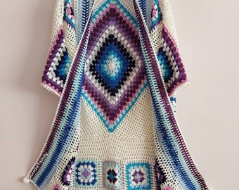 White Granny Square Cardigan, Crochet Boho Jacket, Granny Square Sweater, Afghan Long Coat, Patchwork Long Jacket, Knitting Women's Clothing