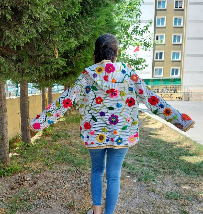 Hooded Crochet Jacket, White Boho Coat, Floral Women's Jacket, Granny Square Sweater, Maxiplus Patchwork Cardigan, Festival Coat, Gift her image 1