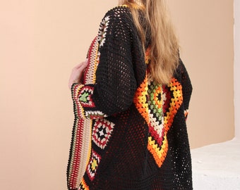 Granny Square Black Sweater, Patchwork Orange Jacket, Crochet Kimono Cardigan, Granny Square Afghan Cardigan, Long Boho Coat, Gift for her