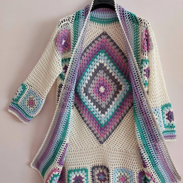 Granny Square Sweater, Crochet Boho Cardigan, Granny Square Cardigan, Afghan Long Coat, Patchwork Long Jacket, Christmas gift, Gift ftor her