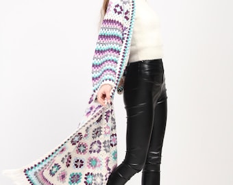 CROCHET WHİTE SWEATER, Long Granny Square Cardigan, Crochet White Boho Jacket, for Women Patchwork Sweater, Long Afghan Coat, Gift for her
