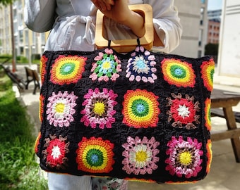 Top Handle Bag, Black Granny Square Bag, Shoulder Bag, Boho Bag, Crochet Patchwork Bag, Crochet Beach Bag, Handknit Bag, Purse Bag, Gift