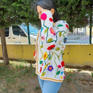 Hooded Crochet Jacket, White Boho Coat, Floral Women's Jacket, Granny Square Sweater, Maxiplus Patchwork Cardigan, Festival Coat, Gift her image 8