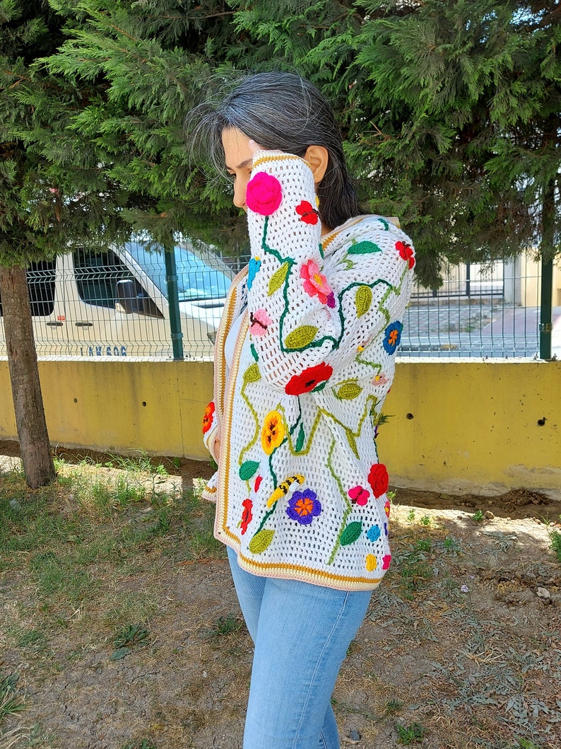 Hooded Crochet Jacket, White Boho Coat, Floral Women's Jacket, Granny Square Sweater, Maxiplus Patchwork Cardigan, Festival Coat, Gift her image 8