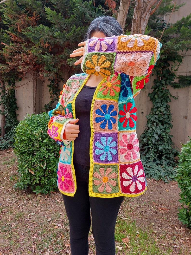 Crochet Granny Square Cardigan, Multicolor Patchwork Jacket, Crochet Boho Cardigan, Afghan Coat, Handknit Patchwork Sweater, Gift for her image 8
