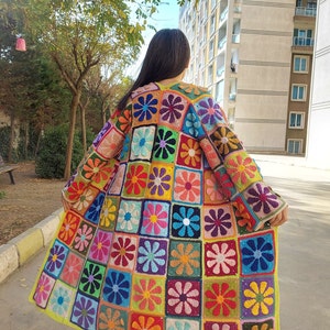 Crochet Patchwork Cardigan, Multicolor Granny Square Jacket, Boho Long Cardigan, Multicolor Maxi Plus Coat, Handknit Women Clothing Sweater,