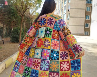 Crochet Patchwork Cardigan, Multicolor Granny Square Jacket, Boho Long Cardigan, Multicolor Maxi Plus Coat, Handknit Women Clothing Sweater,