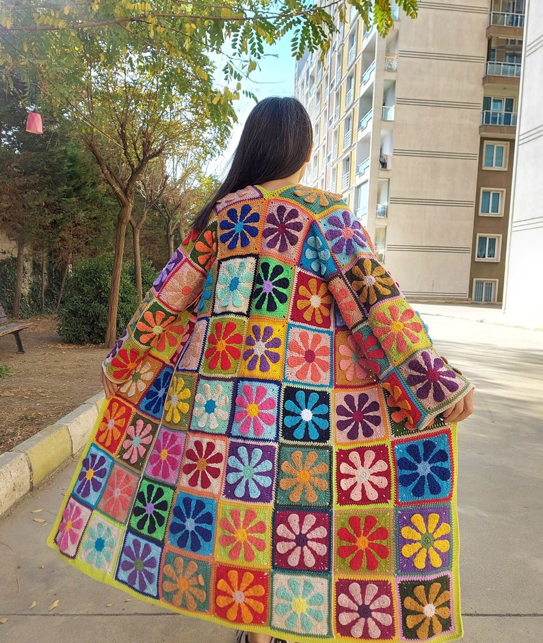 Crochet Patchwork Cardigan, Multicolor Granny Square Jacket, Boho Long Cardigan, Multicolor Maxi Plus Coat, Handknit Women Clothing Sweater, image 1