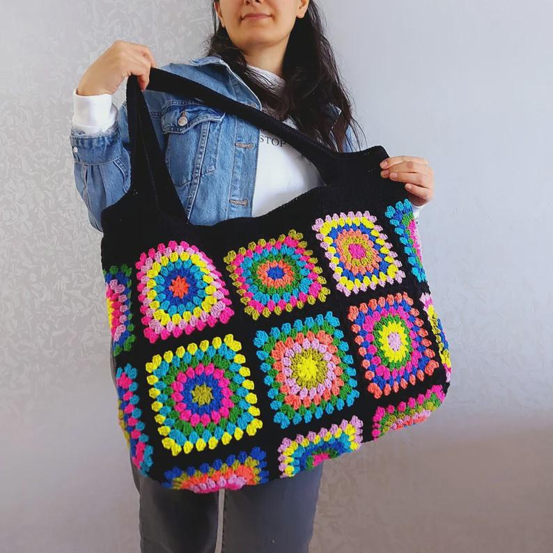 Granny Square Bag, Crochet Handle Bag, Crochet Bag, Shoulder Tote