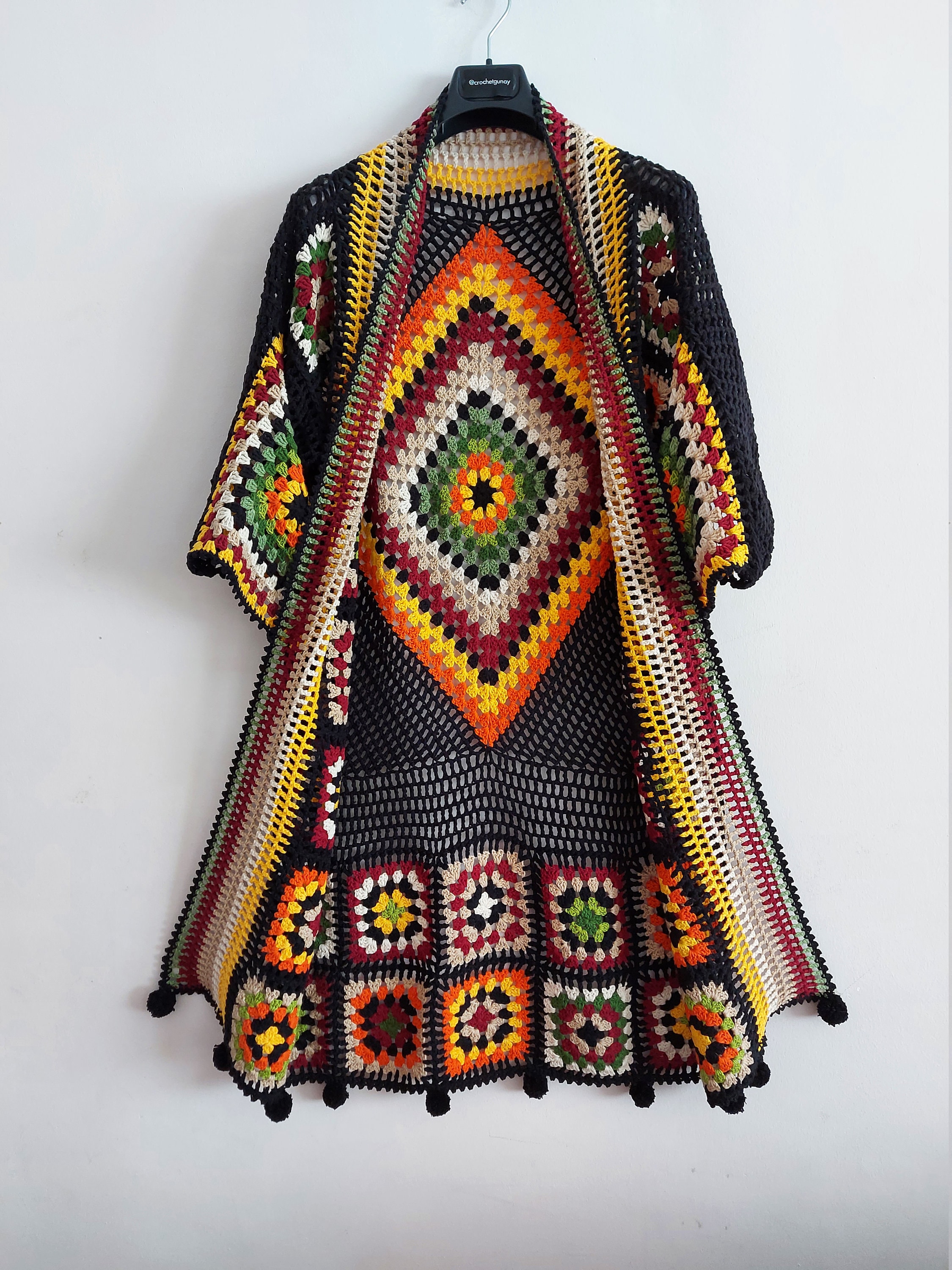 Granny Square Long Cardigan, Boho Style Clothing, Black