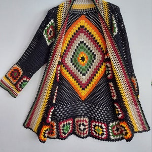 Black Granny Square Crochet Cardigan: Handmade 100% Cotton Knitwear, Winter Style Gifts