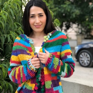 Crochet Multicolor Cardigan, Oversized Knitwear jacket, Wool Knitted Sweater, Boho multicolored Coat , Granny Square Cardigan, Gift for her image 3