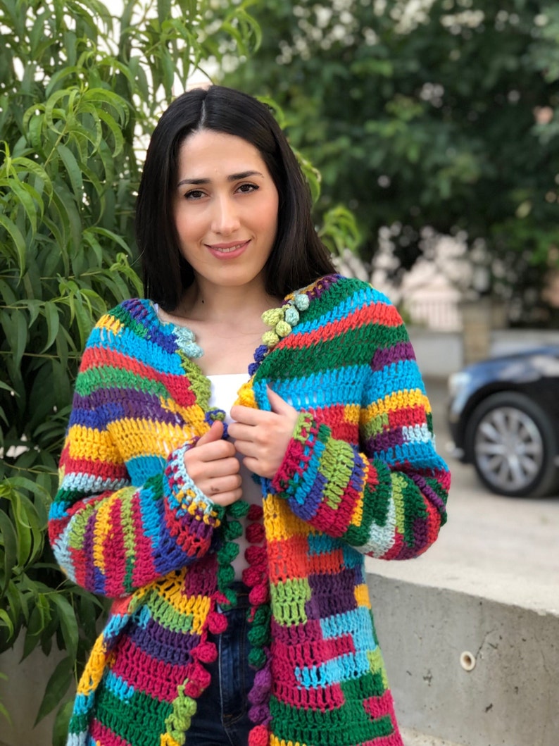 Crochet Multicolor Cardigan, Oversized Knitwear jacket, Wool Knitted Sweater, Boho multicolored Coat , Granny Square Cardigan, Gift for her image 3