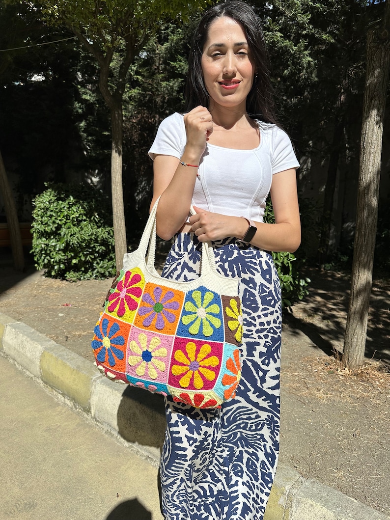 Granny Square Bag, Floral Bag, Multicolor Bag, Patchwork Bag, Crochet Bag, Boho Bag, Shoulder Bag, for Women Bag, Summer Bag, Gift for her image 5