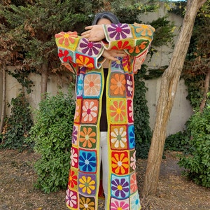 Crochet Granny Square Cardigan, Patchwork Cotton Jacket, Crochet Boho Coat, Multicolor Granny Square Sweater, Maxi Plus Cotton Sweater image 3