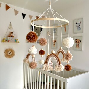 SALE!! Boho Wooden Beaded Pompom and Rainbow Cot Mobile • Bamboo • Customisable Baby Mobile • Crib Mobile • Nursery Decor • Neutral Colours