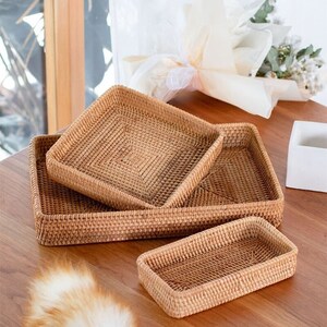 Storage Basket Rattan Japanese Wooden Rectangular Woven Storage Desktop Stowing Fruit Basket Basket Food Organizer Home Decoration