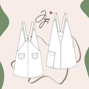 Op de afbeelding: Lijntekening van een witte spijkerbroekjurk met bandjes. De jurk heeft twee zakken aan de voorkant en een V-hals. De tekst "la robe chasuble taille 34 à 50" staat onderaan de afbeelding.