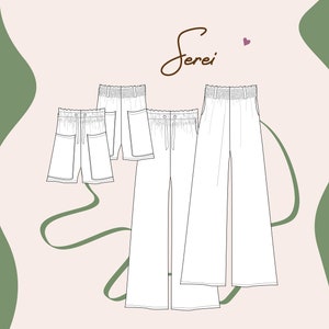 May include: Illustration of white palazzo pants and shorts with elastic waistbands and drawstring details. The image includes the text "Frivole" and "Serei" in cursive, along with the phrase "le bermuda et palazzo en taille s,m et!"