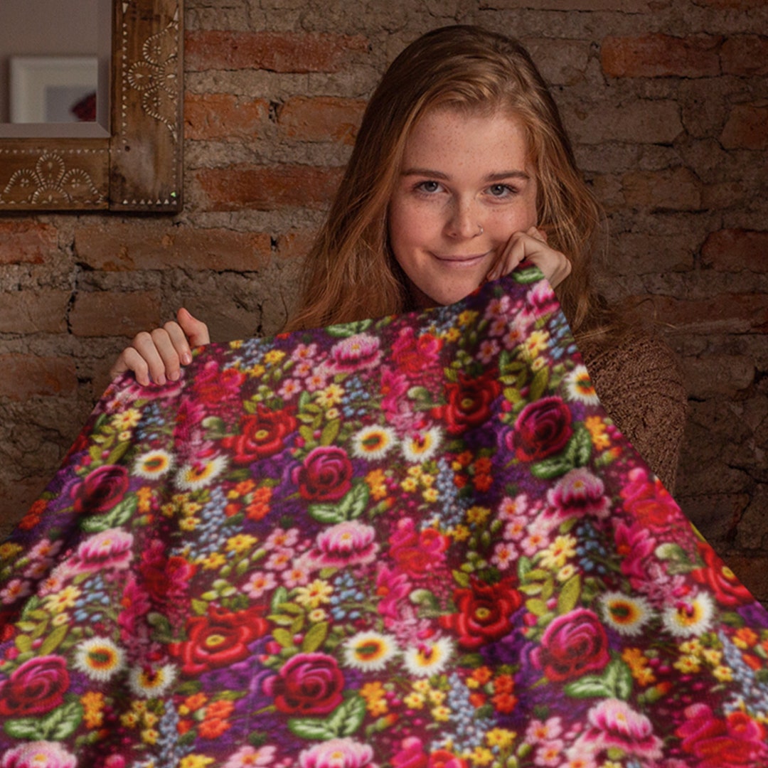 Rich Red Rose Blanket Digital Print Deep Rose Embroidery Sherpa Blanket