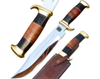 18&quot; Large Handmade Bowie Knife, Crocodile Dundee Knife D2 Steel/ Damascus Steel Hunting Knives With Premium Leather Sheath