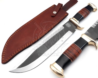 18&quot; Large Handmade Bowie Knife Acid Washed, Crocodile Dundee Knife D2 Steel Hunting Knives With Premium Leather Sheath