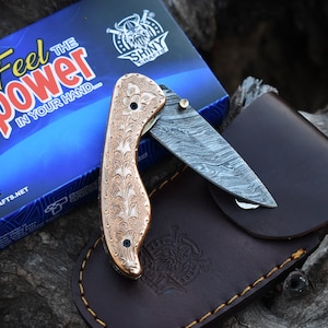 9&quot; Custom Handmade Damascus Pocket Knife with Engraved Copper Handle Damascus Folding Knife,Hunting knife with Leather Sheath, Best Gift