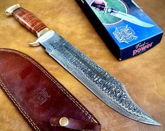 18&quot; Large Handmade Hunting Bowie Knife, Crocodile Dundee Knife D2 Steel/ Damascus Hunting Knives With Premium Leather Sheath