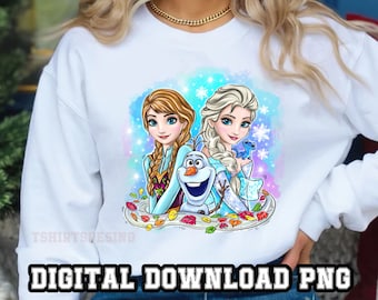 May include: A white sweatshirt with a colorful illustration of Elsa and Anna from Frozen, along with Olaf and a small blue lizard. The illustration is surrounded by a watercolor-like background with snowflakes and leaves.