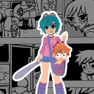 May include: A cartoon illustration of a female character with blue hair and goggles carrying a smaller cartoon character with orange hair. The female character is wearing a pink shirt, blue shorts, and purple and blue striped socks. She is holding a baseball bat. The smaller character is wearing a blue shirt and a blue and white star-shaped backpack.