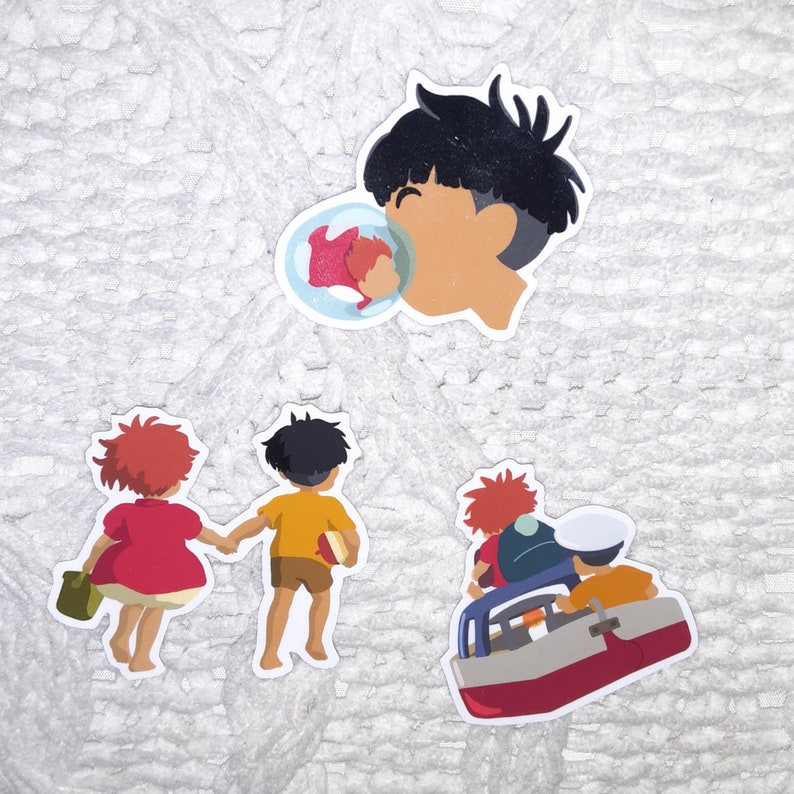 May include: Four colorful stickers featuring characters from the animated film 'Ponyo'. The stickers depict a young girl with red hair, a boy with brown hair, a boy blowing a bubble with a red fish inside, and two boys in a boat.