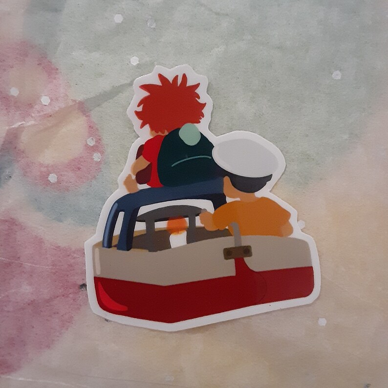 May include: A sticker featuring two cartoon characters in a red and white boat. The character in the back has red hair and is wearing a blue backpack. The character in the front is wearing a white hat and an orange shirt.