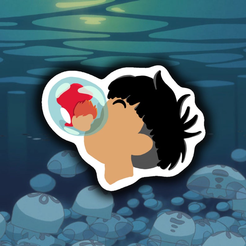 May include: A cartoon illustration of a person blowing a bubble with a red fish inside. The person has black hair and is wearing a white shirt. The background is a blue ocean with jellyfish.