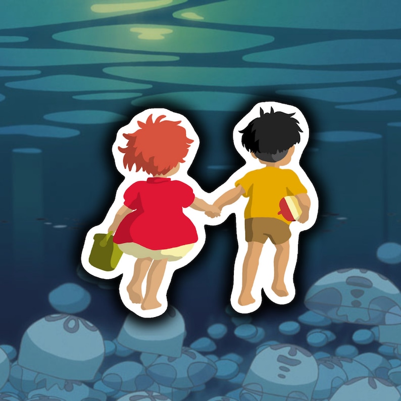 May include: Two cartoon children, a girl with red hair and a boy with black hair, are walking hand-in-hand. The girl is carrying a green bucket and the boy is holding a red and white ball. They are walking on a blue background with white and blue jellyfish.