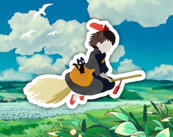 Anime Flying Girl on Broom with Black Cat Sticker
