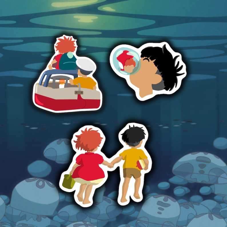 May include: A set of five stickers featuring characters from the animated film Ponyo. The stickers are printed on white paper with a glossy finish. The stickers feature a red boat with three people on board, a boy blowing a bubble, a girl with red hair, and a boy with black hair.