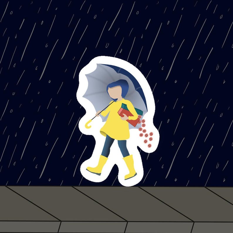 May include: A sticker illustration of a person with blue hair wearing a yellow raincoat and yellow boots, holding a blue umbrella and a red box from which small red buttons are falling, set against a dark blue background with rain streaks.