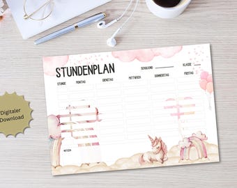 Unicorn Children's Timetable | Elementary School Timetable to Print | Timetable DIN A4 PDF Digital Download