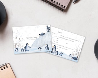 Uitnodigingskaarten voor een pinguïn-verjaardagsfeestje (5x/10x) | Uitnodiging voor kinderen | Winteruitnodiging | DIN A6