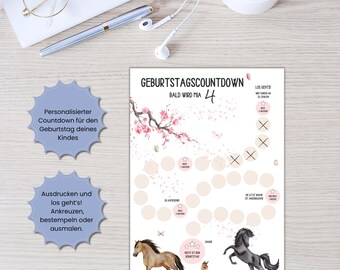 Children's Birthday Countdown with Horses | Days Until Birthday | Printable Birthday Countdown | Children's Birthday Decorations | Digital