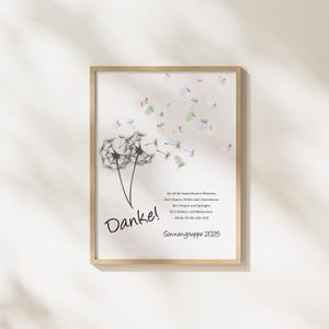 Puede incluir: Una impresión enmarcada con un diseño de diente de león y semillas flotantes en colores pastel. La palabra "Danke!" está escrita en una fuente cursiva. Hay texto adicional presente, junto con las palabras "Sonnengruppe 2025".
