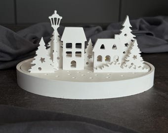 Christmas decoration village made of Raysin with 2 tealight holders – winter landscape, handmade Christmas decoration, candle holder, variably pluggable