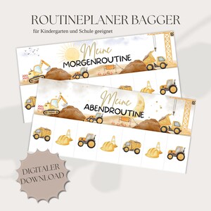 Planejador de Rotina Infantil - Pacote com 2 Escavadeiras | Montessori | Rotina Matinal e Noturna | 56 Cartões para Recortar | Download Digital