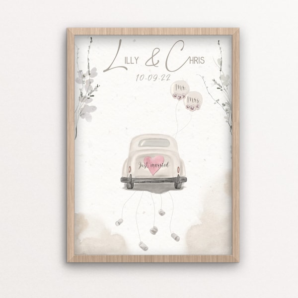 Wedding gift | Cash gift | just married car poster | personalized drawing