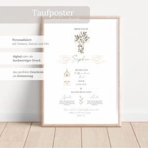 Puede incluir: Un póster rectangular vertical en un marco de madera clara con fondo blanco e ilustraciones botánicas doradas y verdes. El texto incluye MEINE TAUFE, Sophia, ORT DER TAUFE, St. Marien Kirche, Berlin, DATUM 03.05.2025 y DAS SIND MEINE PATEN.